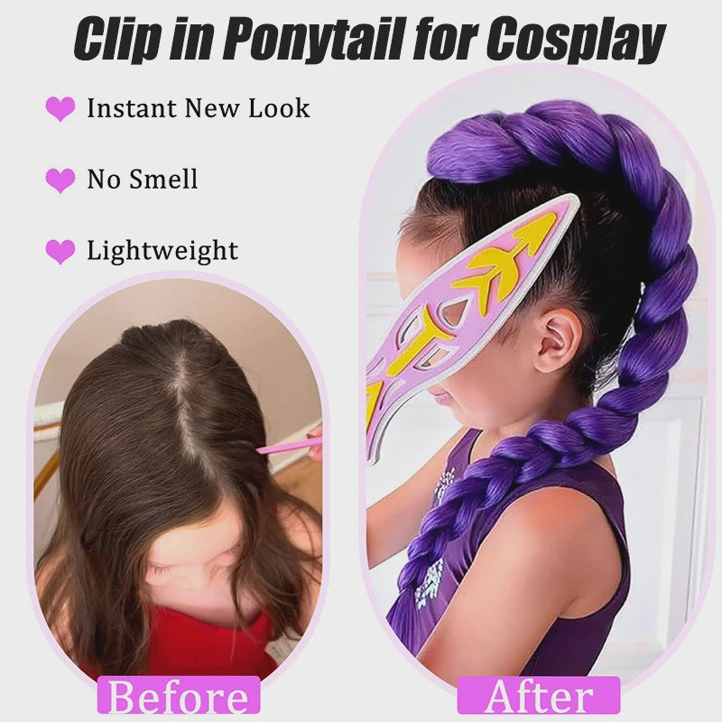 Paarse Vlecht Haarstuk met Clips - 26 Inch Synthetisch Verlengstuk voor Kinderen