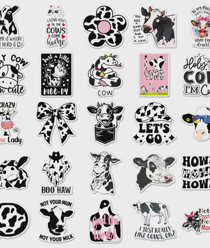 50x Trendy Cartoon Koe Stickers - Zwart-Wit Dierenprint Decals voor Telefoon, Tablet & Boxen