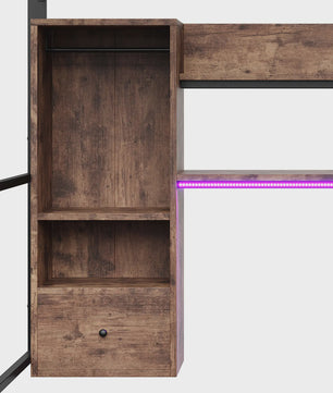 Zwart Metalen Loft Bed 140x200 cm met LED Verlichting, Bureau, Lade, Planken en Ladder