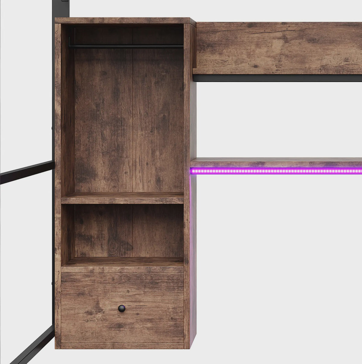 Zwart Metalen Loft Bed 140x200 cm met LED Verlichting, Bureau, Lade, Planken en Ladder