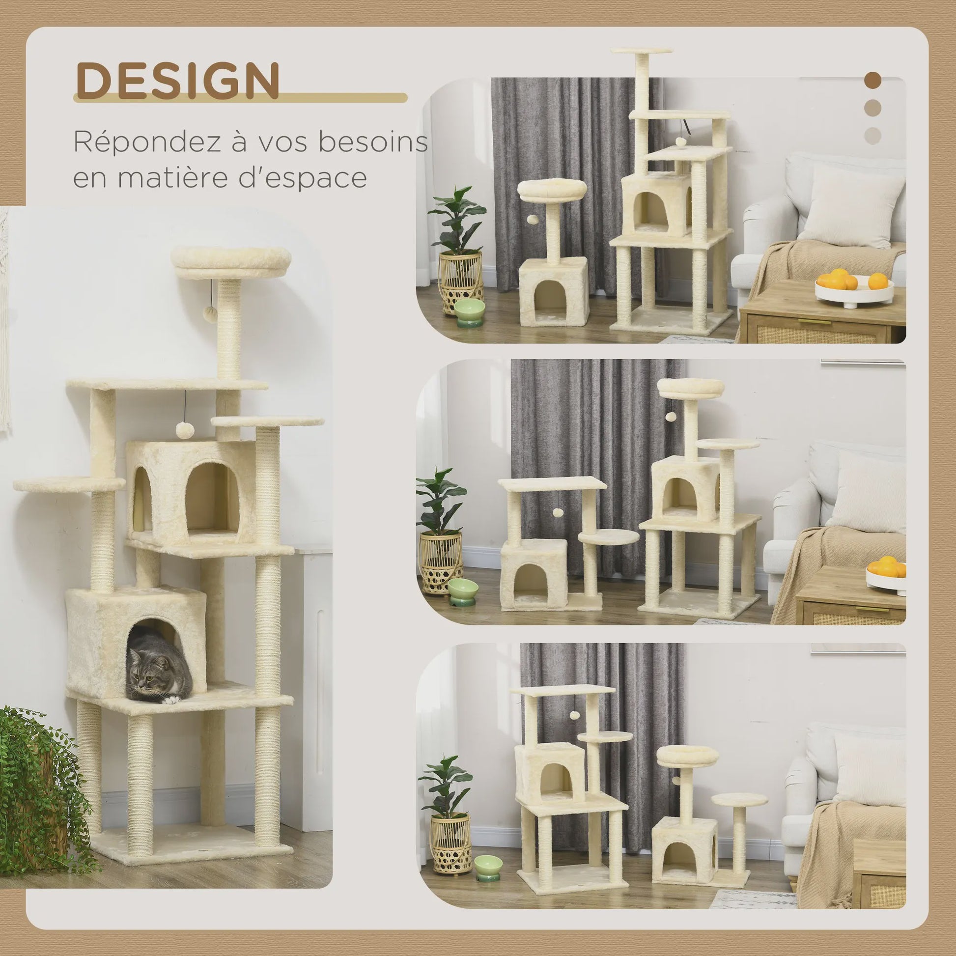 PawHut Luxe Kattenboom met Krabpalen, 6 Plateaus en 2 Knusse Niche Huizen - Beige