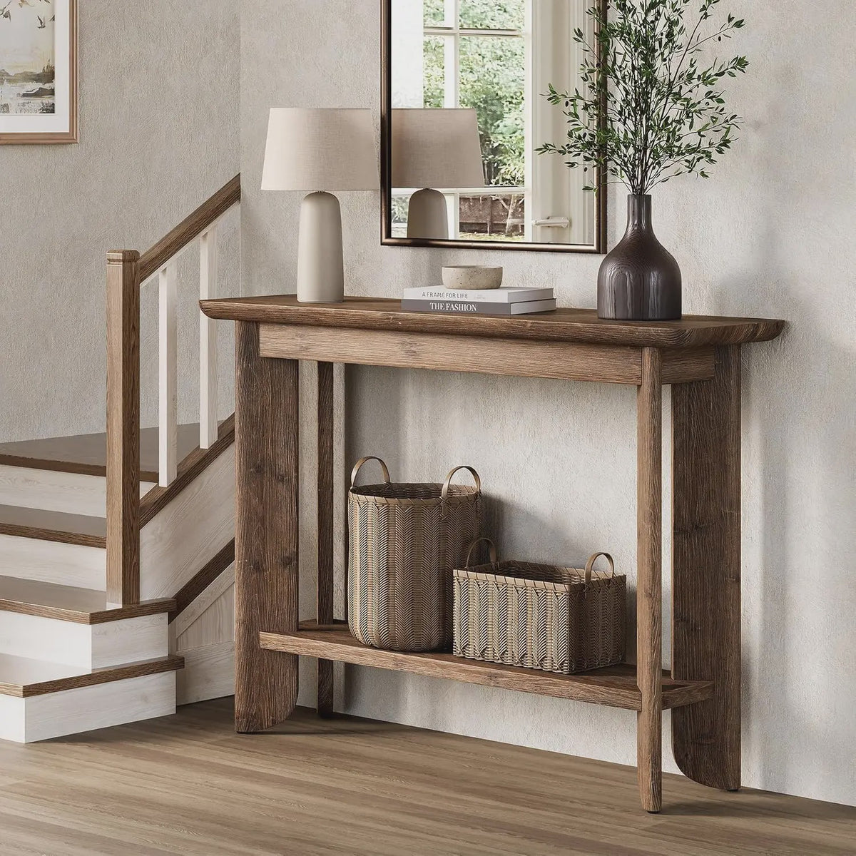 Houten Console Tafel Achter Bank - 2-Laags Entree Tafel met Opslag - Walnoot Kleur - Eenvoudige Montage