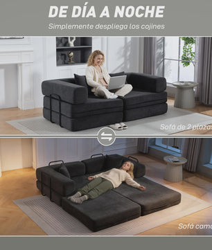 HOMCOM 2-Zits Sofa Bed - Inklapbare Bank met Chenille Bekleding en 2 Kussens