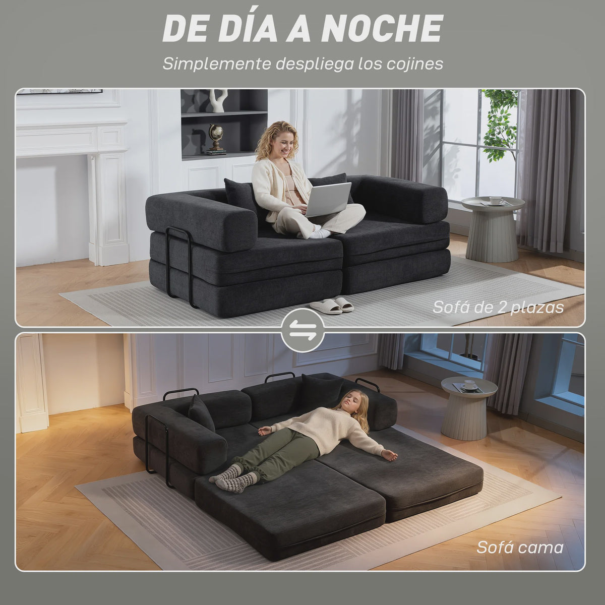 HOMCOM 2-Zits Sofa Bed - Inklapbare Bank met Chenille Bekleding en 2 Kussens