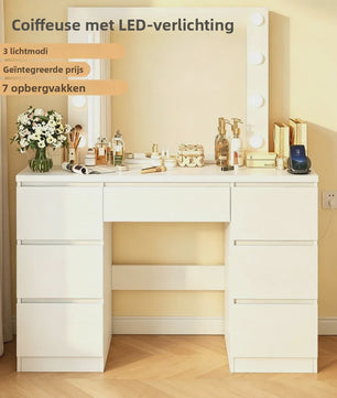 Kaptafel met Grote Spiegel, Verstelbare LED Verlichting en Ingebouwde USB/Stopcontacten - Veel Opbergruimte