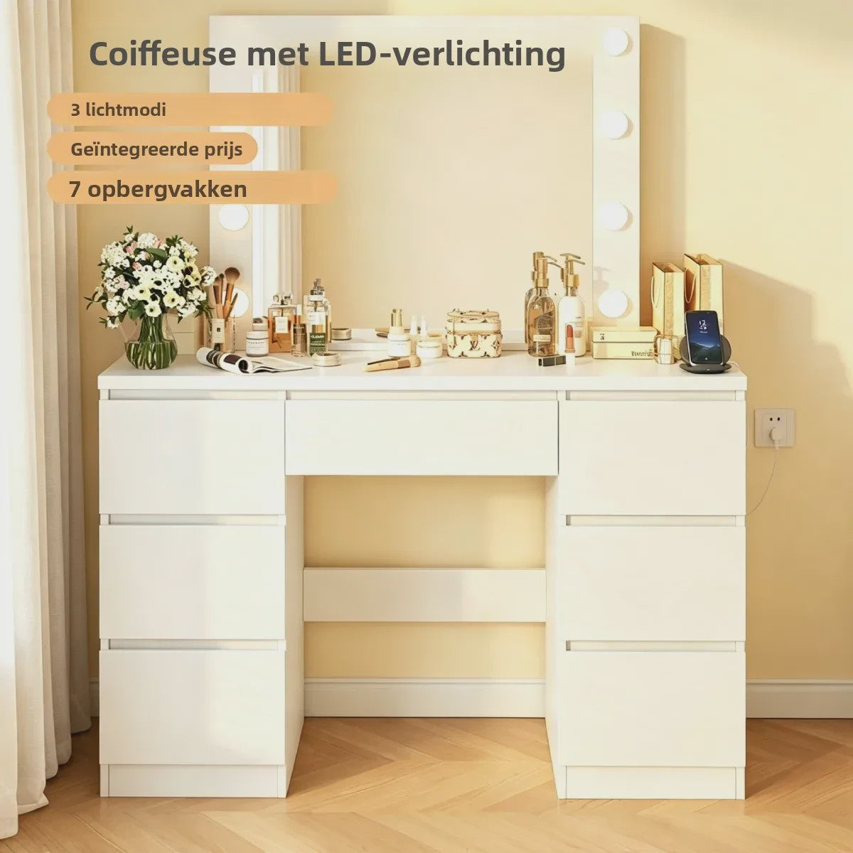 Kaptafel met Grote Spiegel, Verstelbare LED Verlichting en Ingebouwde USB/Stopcontacten - Veel Opbergruimte