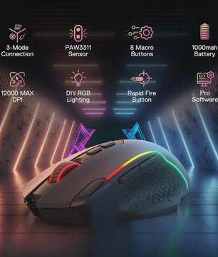 Redragon M810 MAX Gaming Muis: 3-Mode Draadloos, 12000 DPI, RGB, 8 Macro Knoppen