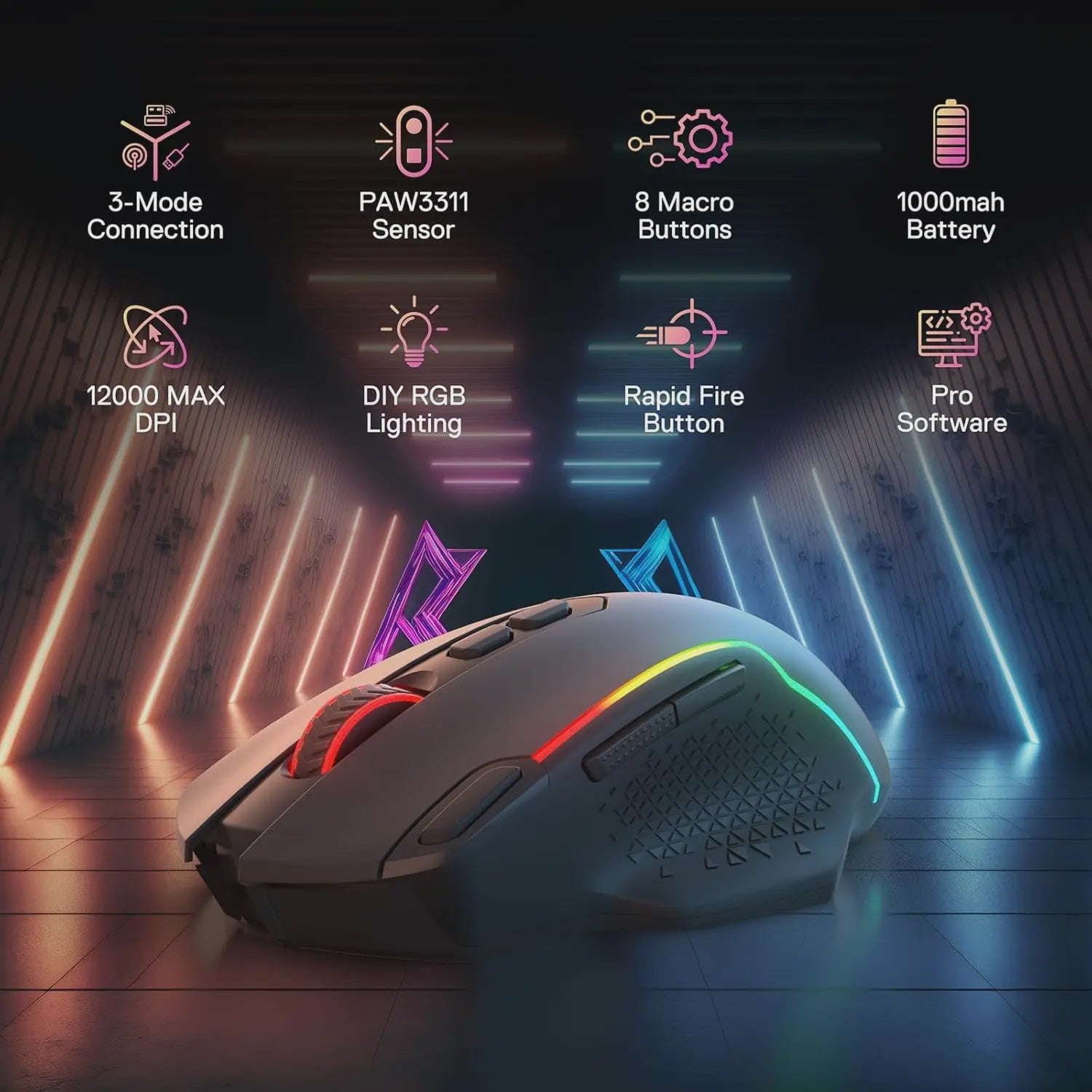 Redragon M810 MAX Gaming Muis: 3-Mode Draadloos, 12000 DPI, RGB, 8 Macro Knoppen