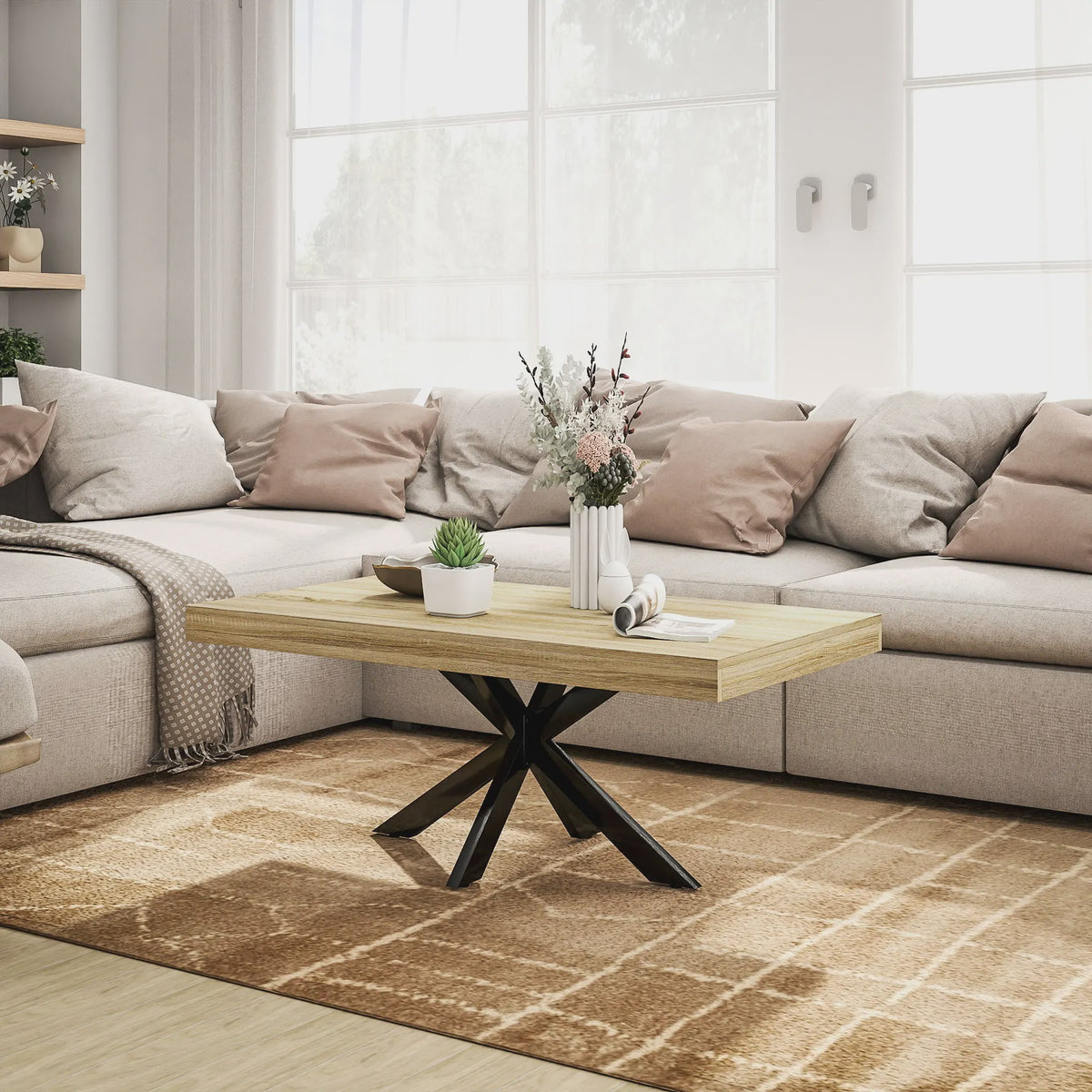 Industriële Rechthoekige Salontafel - Zwart Metaal & Houtlook - 110x60x45cm
