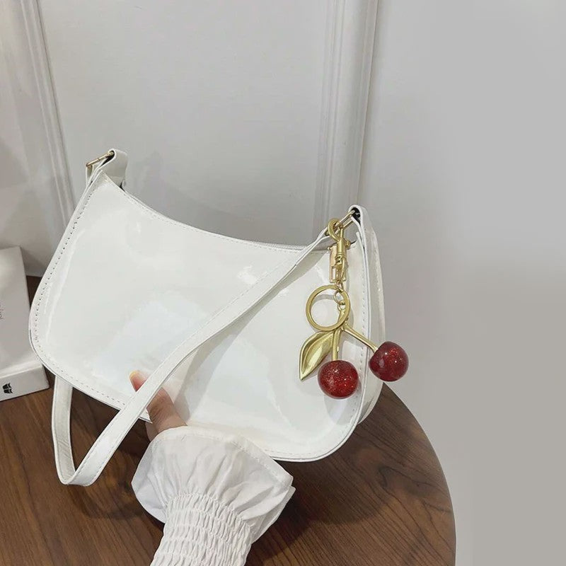 Retro PU Leren Schoudertas Dames met Kersenhanger - Vintage Crossbody Tas
