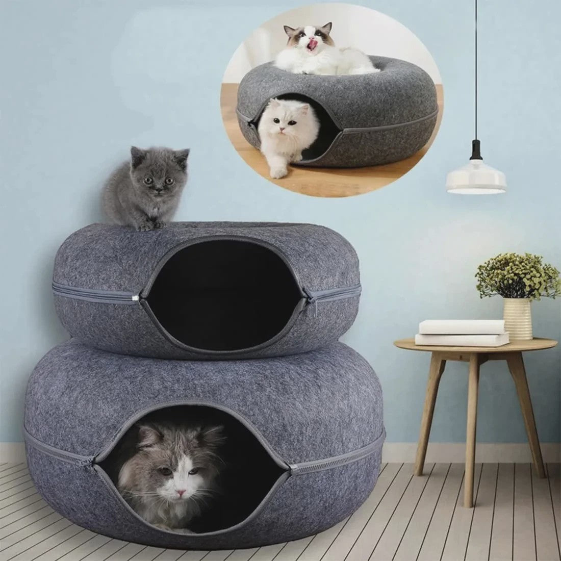 Ronde Katten Tunnel Nest - Comfortabel Vilt Bed en Speelhuisje