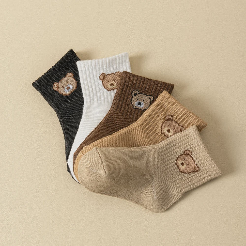 5/10 Paar Babysokjes met Schattige Beer - Zacht, Ademend & Comfortabel