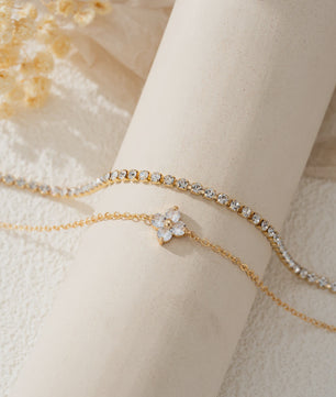 Set van 2 Dames Armbanden met Zirkonia Bloemen en Waterketting - Stijlvol voor Dagelijks Gebruik en Kantoor