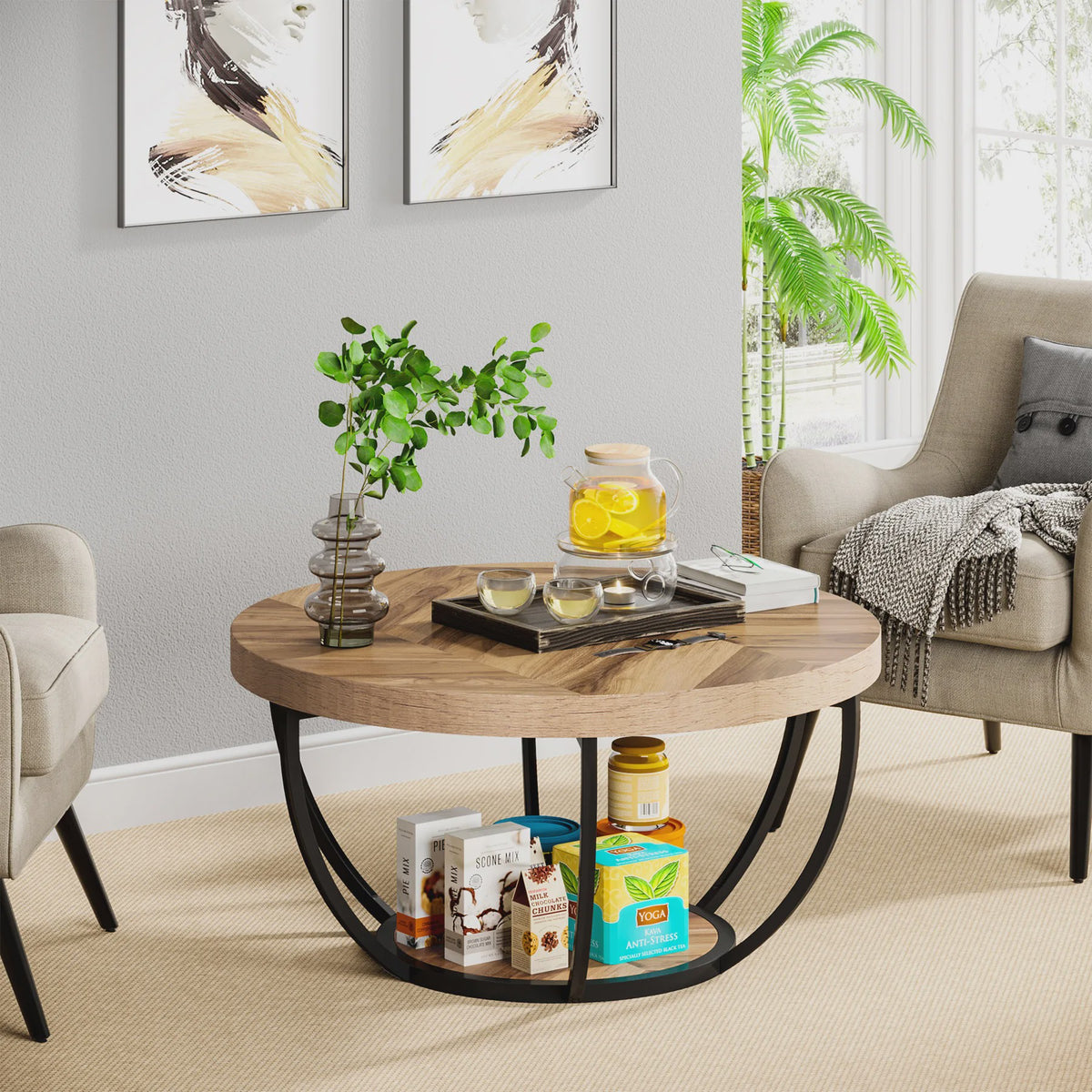 Industriële Ronde Salontafel met 2 Lagen Opslag - 31.7 inch