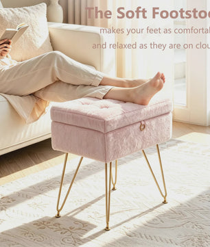 Luxe Fauteuil Poef met Opbergruimte & Pluche Zitting - Goudkleurige Poten