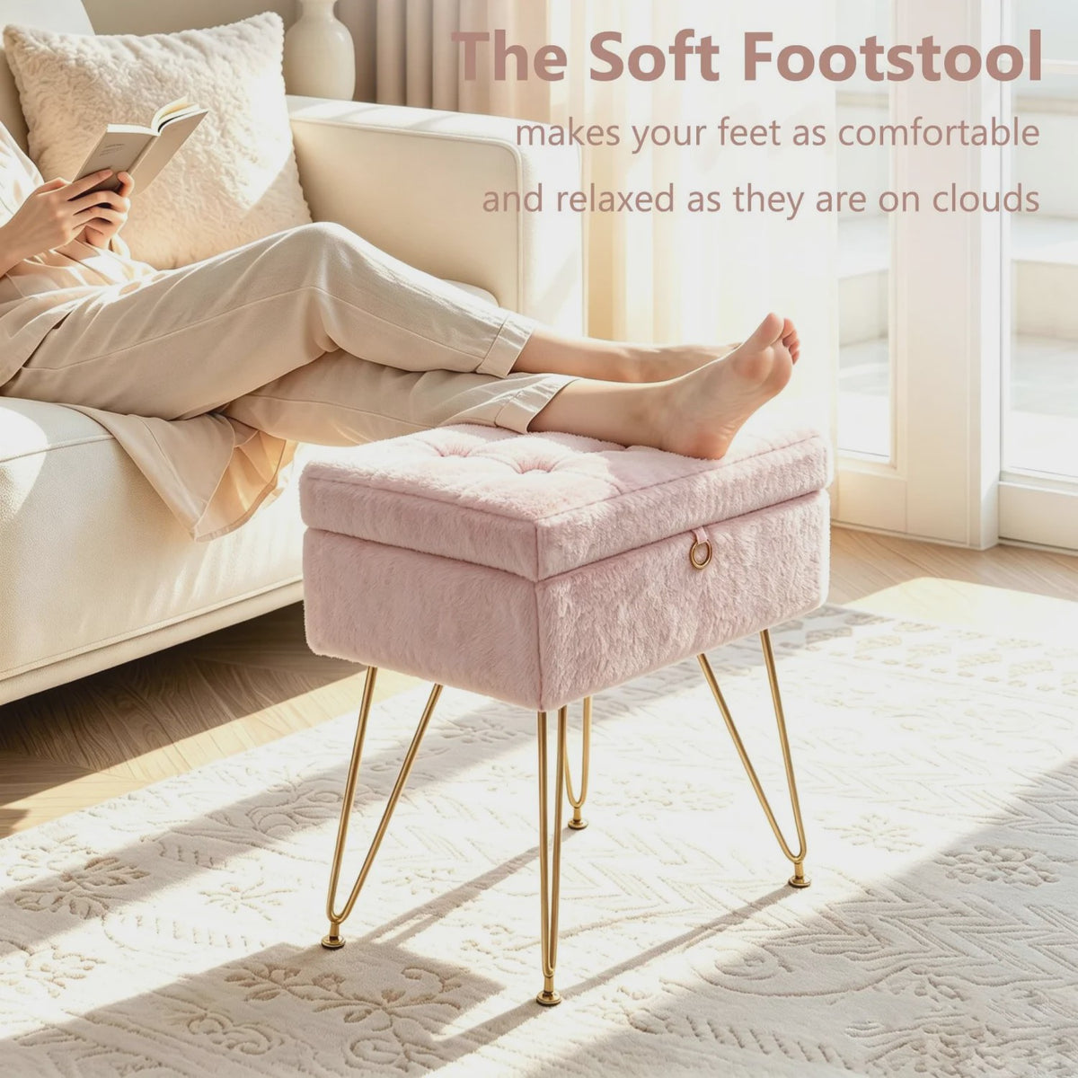 Luxe Fauteuil Poef met Opbergruimte & Pluche Zitting - Goudkleurige Poten