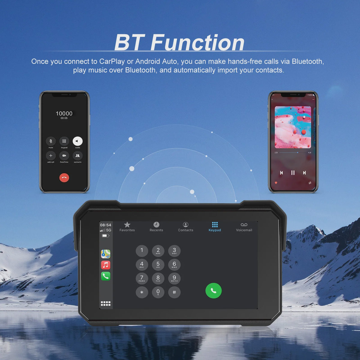 Podofo 5" IPS Touchscreen Motorfiets Smart Player - Waterdicht, CarPlay & Android Auto