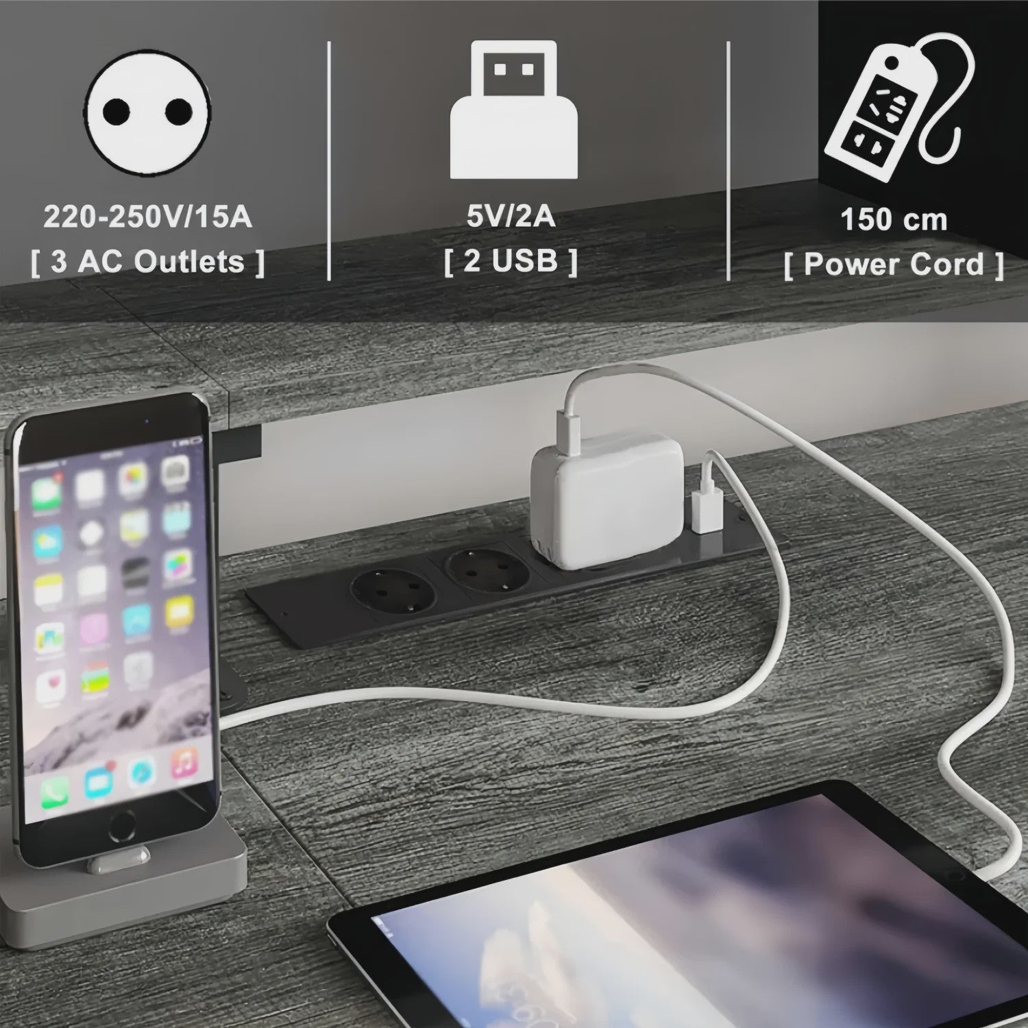 L-vormig Bureau met LED Verlichting, Stopcontacten en USB-poorten - Modern Grijs Design
