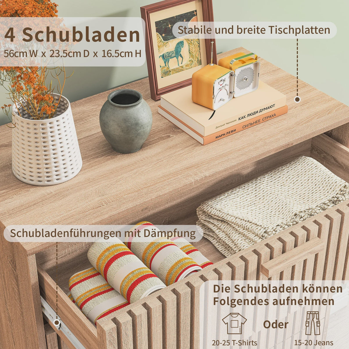 Scandinavische Houten Ladekast met 4 Laden - Ribbel Front & Houten Poten