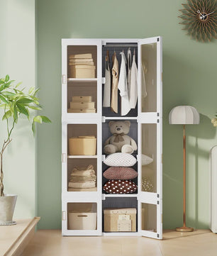 Draagbare Opvouwbare Garderobekast Organizer - Wit ABS Plastic Kledingkast met Deuren