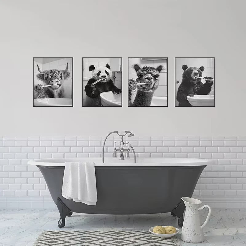 Grappige Zwart-Wit Canvas Poster: Schattige Dieren Poetsen Tanden - Muurdecoratie