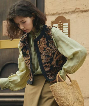 Dames Vintage Paisley Jacquard Vestje met Geborduurde Randen - Stijlvol Lente/Herfst Reisvest