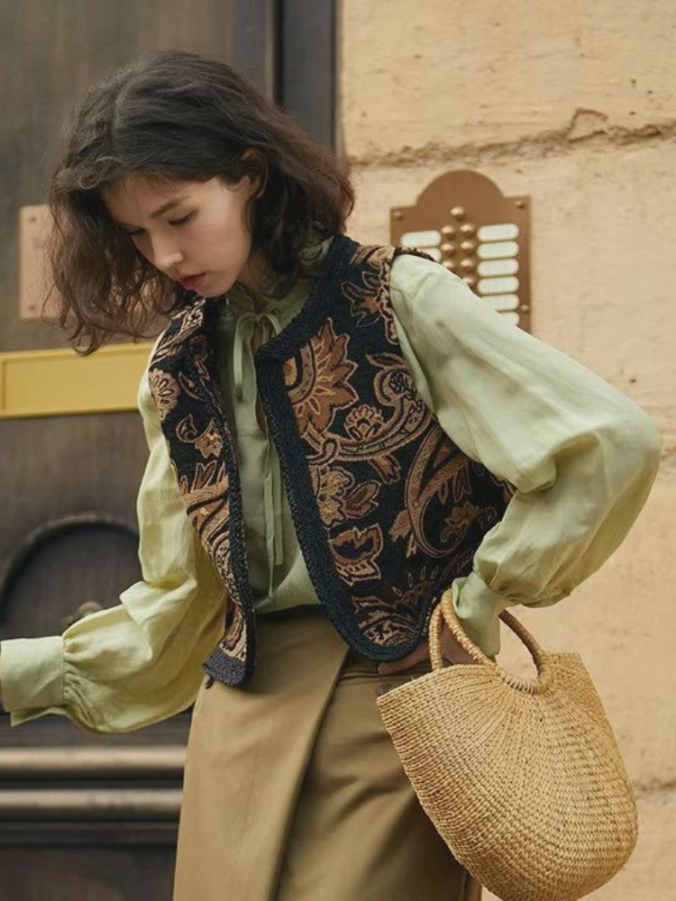 Dames Vintage Paisley Jacquard Vestje met Geborduurde Randen - Stijlvol Lente/Herfst Reisvest