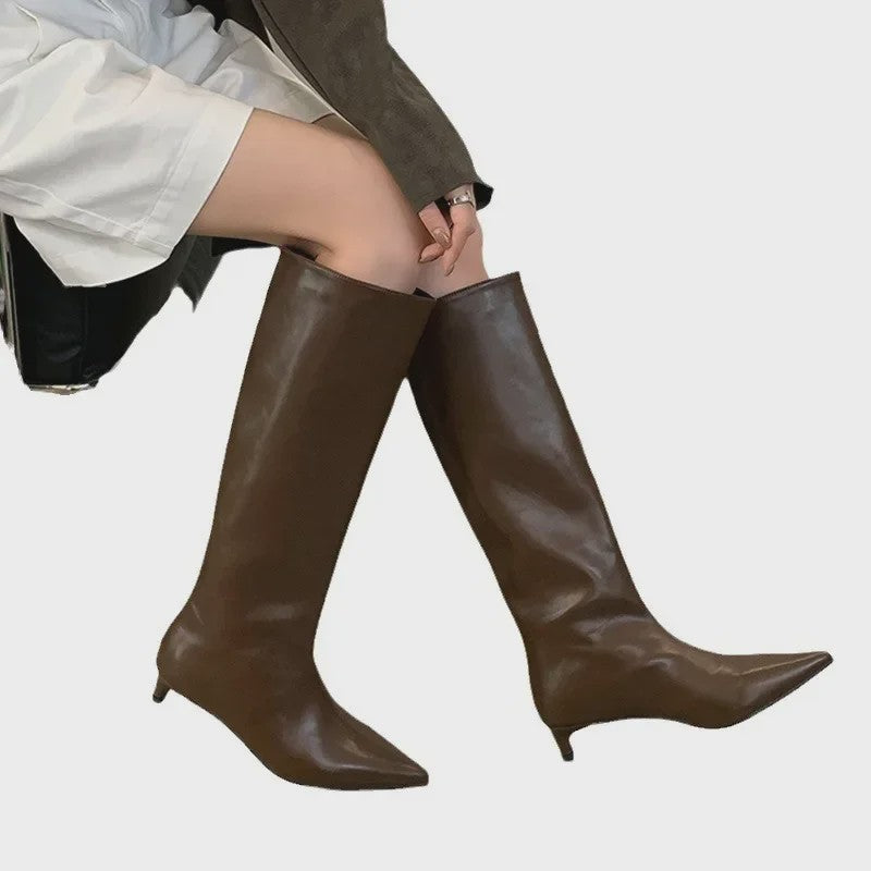 Elegante Leren Laarzen met Puntige Neus en Lage Hak - Dames