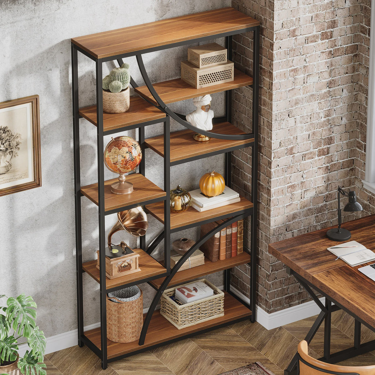 Industriële Boekenkast 71" - 9 Lades - Hout & Metaal - Open Kubussen - Bruin/Zwart