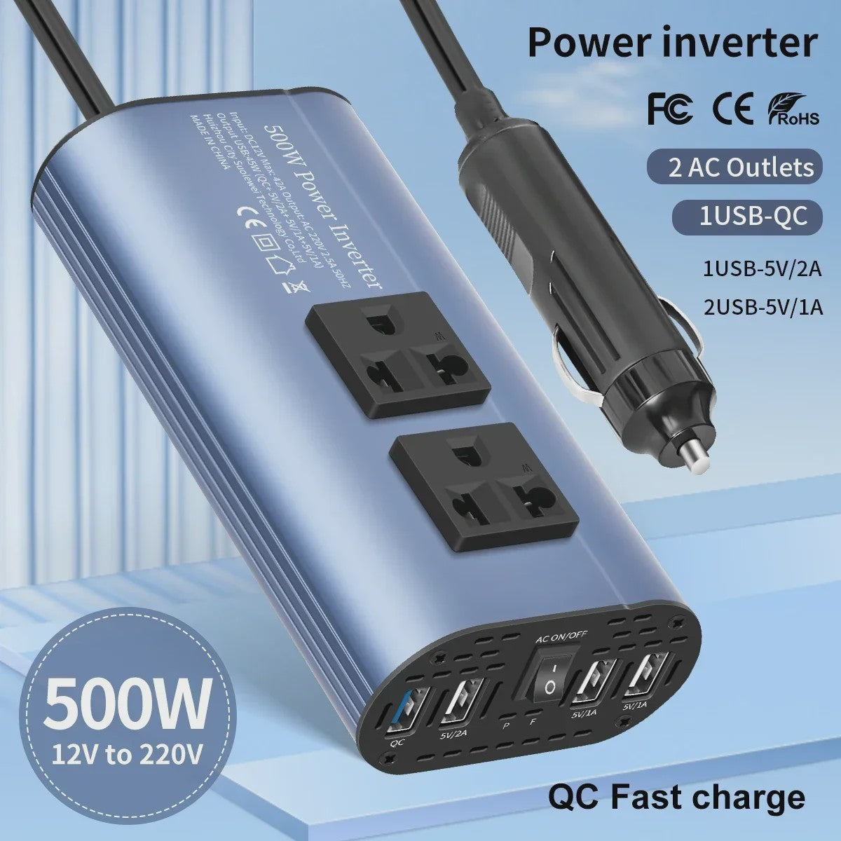 Krachtige 400W/500W/1500W Auto Omvormer: DC 12V naar AC 220V met 3x USB 2.0 en 1x USB QC3.0