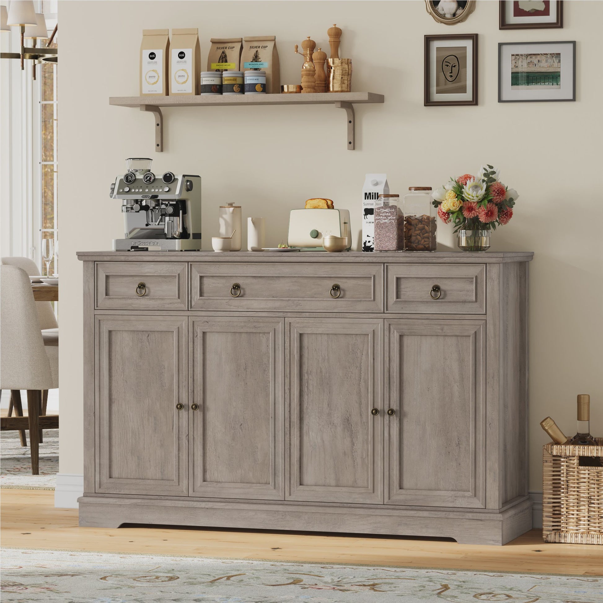 Stijlvol Wit Retro Sideboard met 3 Lades en 4 Deuren - 134x40x87cm