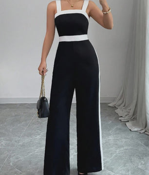 Elegante Zwart-Witte Jumpsuit met Vierkante Hals en Contrastrand - Feestelijke Stijl