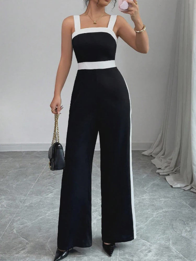 Elegante Zwart-Witte Jumpsuit met Vierkante Hals en Contrastrand - Feestelijke Stijl