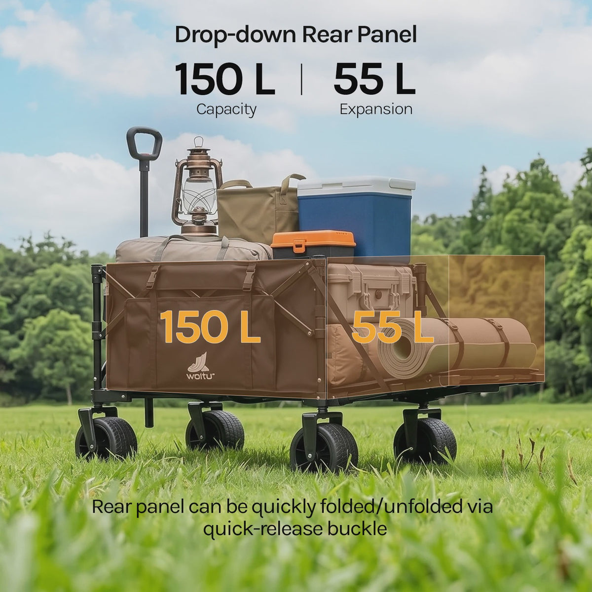 Opvouwbare Tuinwagen 150L met Zijvakken en Bekerhouders - Stevige Trolley voor Camping en Strand