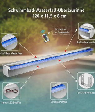 RVS Zwembad Waterval Overloopput met Kleurrijke LED Strip - 120 cm