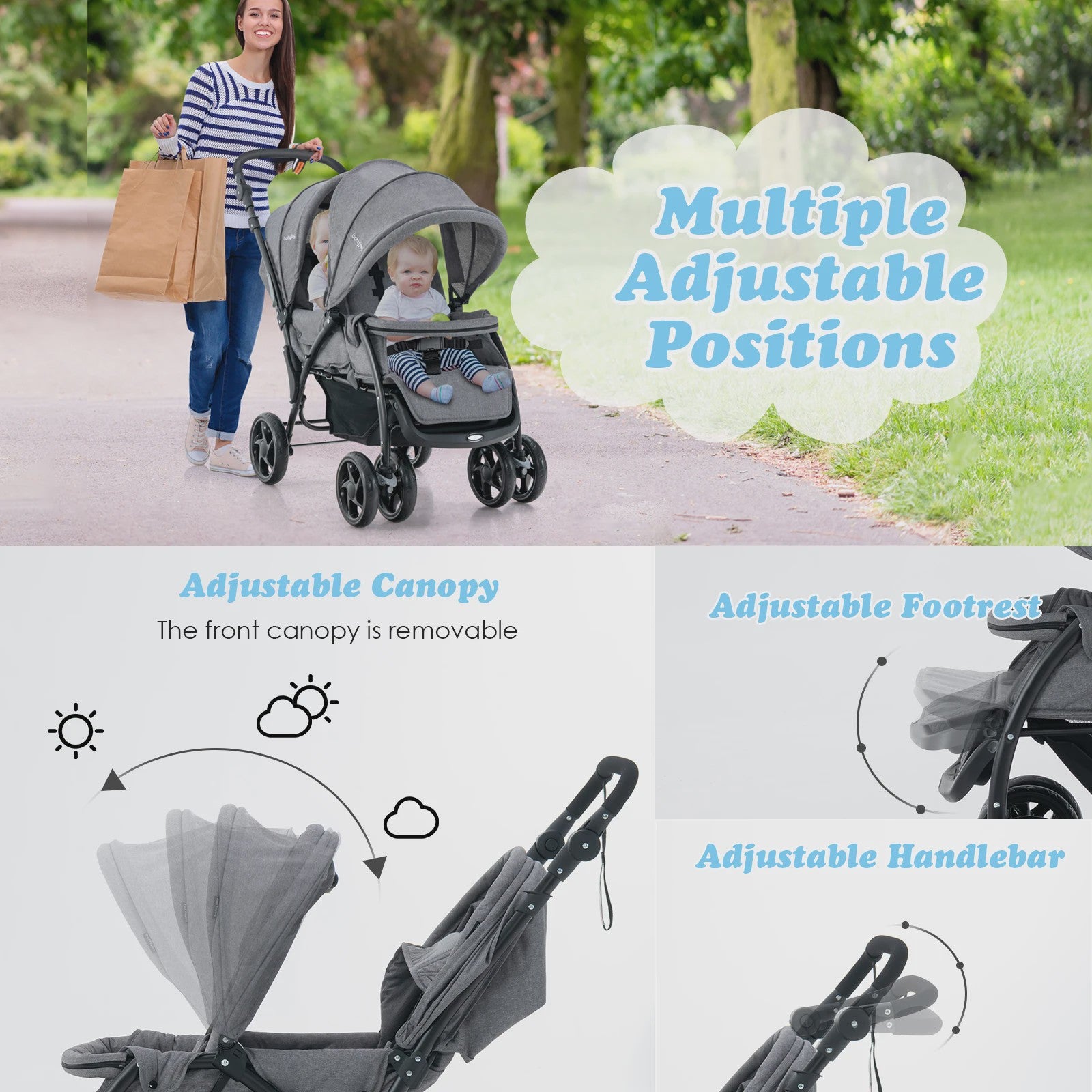Dubbele Kinderwagen Inklapbaar met Verstelbare Rugleuning en Kap - Comfortabele Reisbuggy voor Tweeling