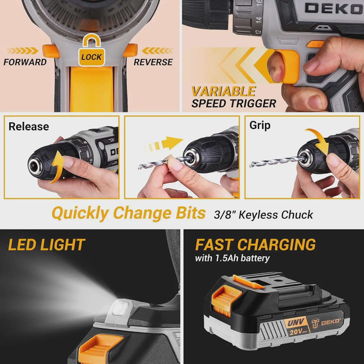 DEKO Complete Gereedschapskist met 20V Accuboormachine, 186 Delen - Professionele DIY Set