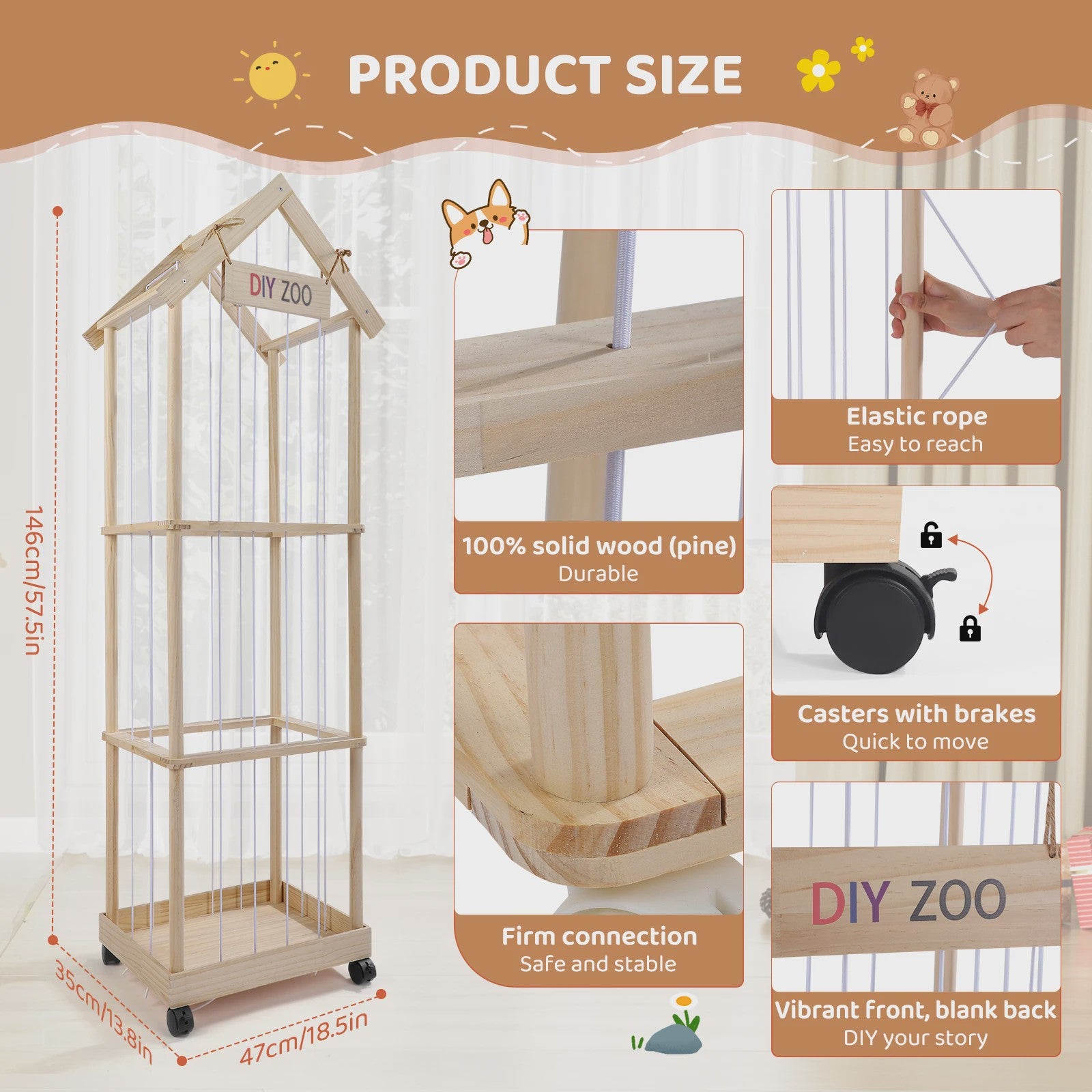 Wooden Cuddly Toy Storage, Stuffed Toy Storage with 360° Brake Equipped Wheels, 145 X 47 X 35 cm Plush Toy Storage for Playroom