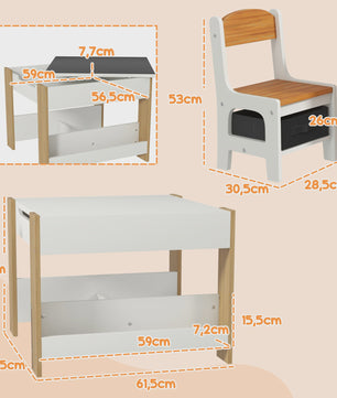 Kindertafel met 2 Stoelen en Whiteboard/Krijtbord - Inclusief Opbergruimte