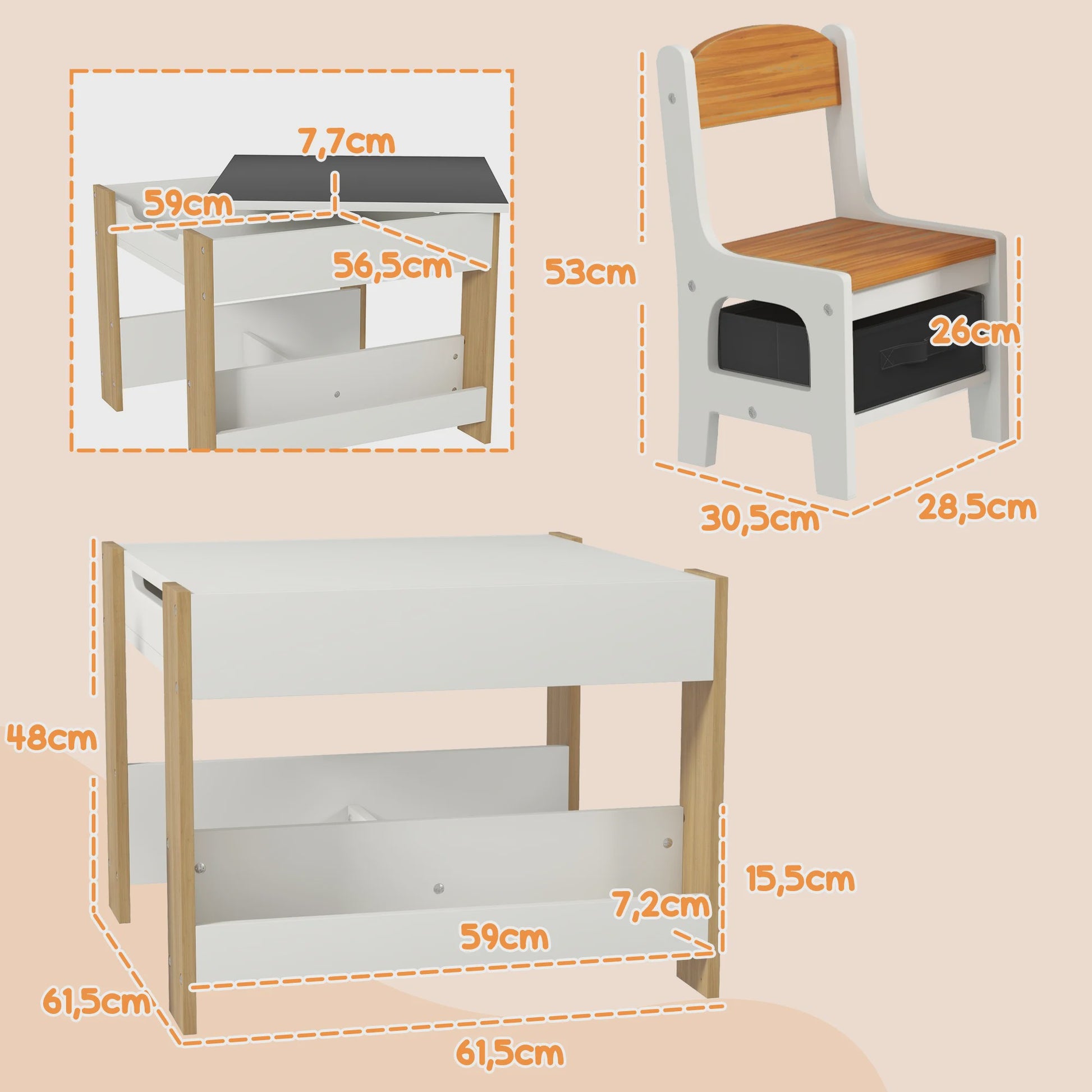 Kindertafel met 2 Stoelen en Whiteboard/Krijtbord - Inclusief Opbergruimte