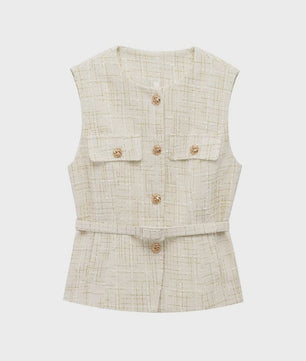 Chic Dames Gilet van Tweed met Riem - Mouwloos & Stijlvol Bovenstuk
