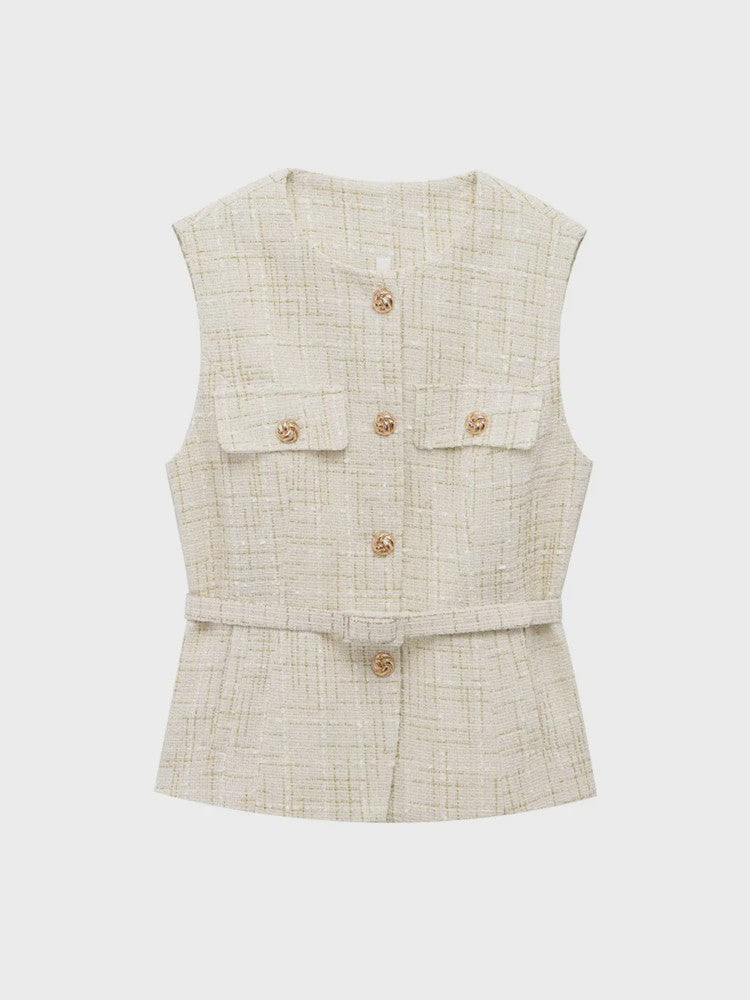 Chic Dames Gilet van Tweed met Riem - Mouwloos & Stijlvol Bovenstuk
