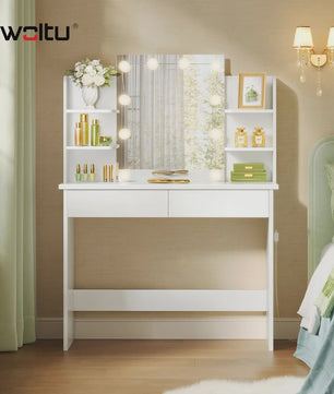 Kaptafel met LED Spiegel, 2 Lades & 4 Opbergvakken - 90x40x125cm