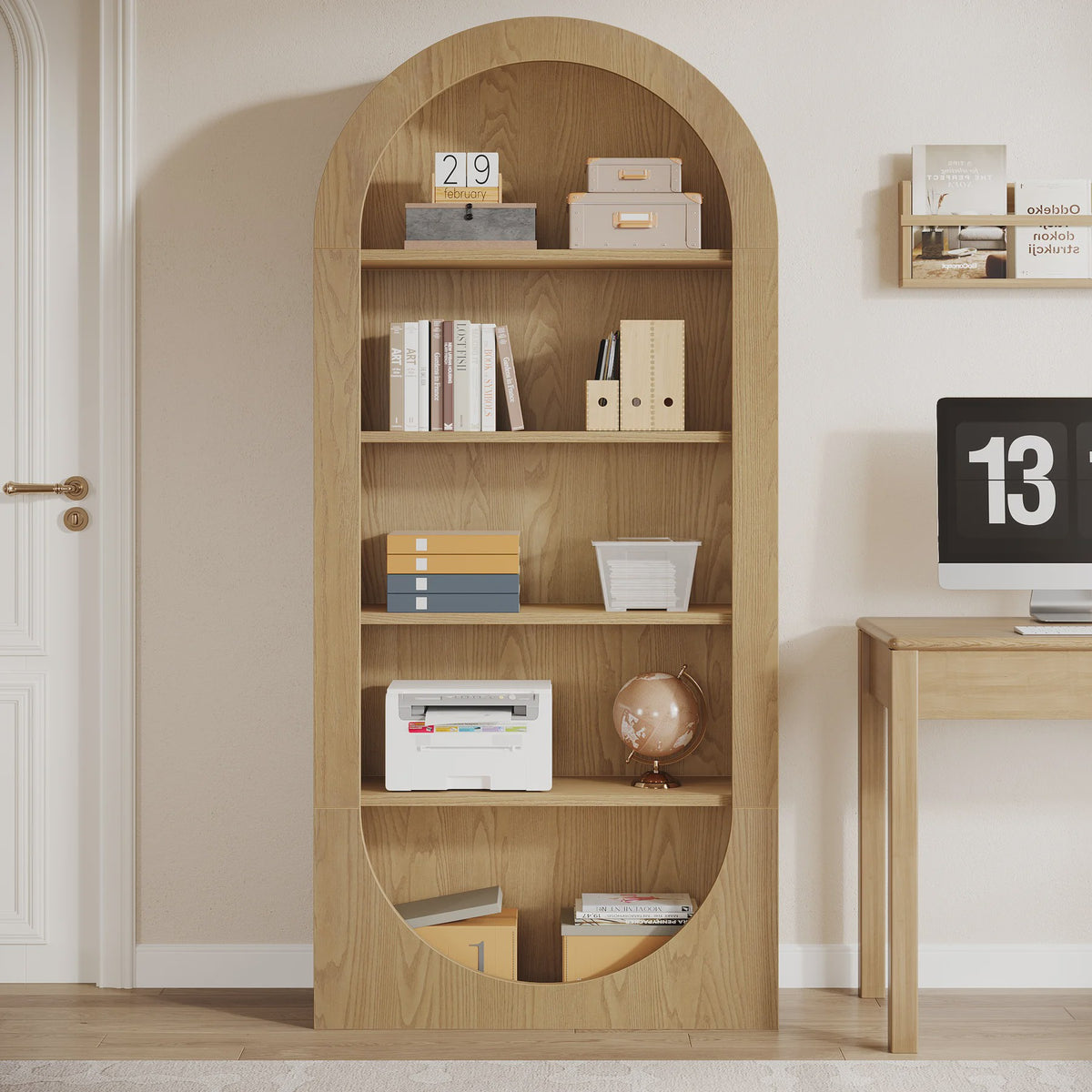 Hoge Boekenkast met 5 etages en boogontwerp - Stijlvolle Houten Displaykast