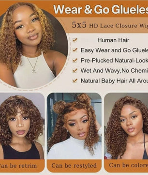 Ombre Bob Pruik van Menselijk Haar - Krullend, Honey Blonde Highlights, Glueless 5x5 HD Lace Wig, 16 Inch