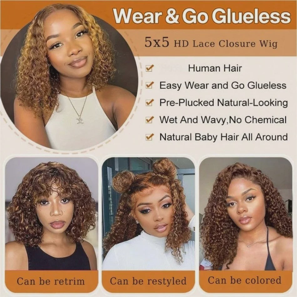 Ombre Bob Pruik van Menselijk Haar - Krullend, Honey Blonde Highlights, Glueless 5x5 HD Lace Wig, 16 Inch