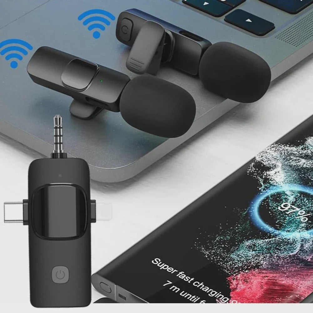 Basix 4-in-1 Draadloze Lavalier Microfoon voor iPhone & Android - Mini Microfoon met Noise Cancelling