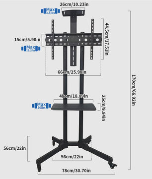 Verrijdbare TV standaard met zwenkwielen voor 26-65 inch schermen tot 100kg