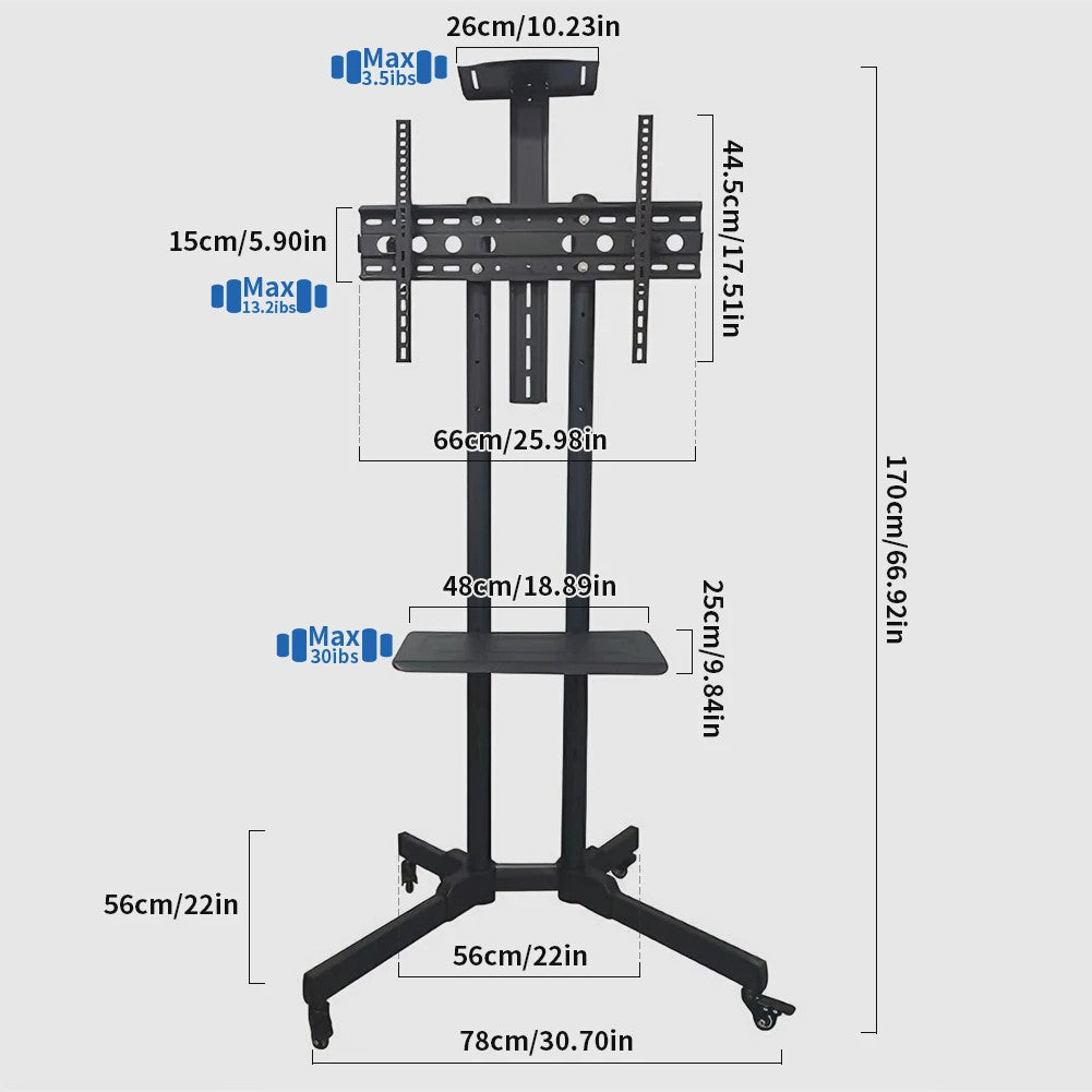 Verrijdbare TV standaard met zwenkwielen voor 26-65 inch schermen tot 100kg