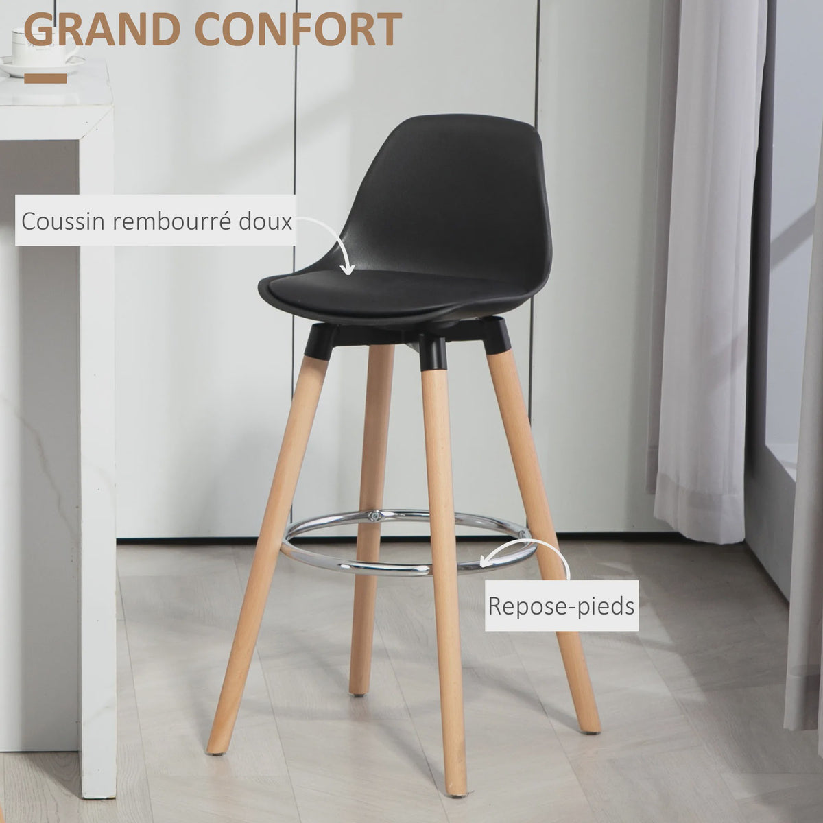 Set van 2 Stijlvolle Barkrukken met Rugleuning en Voetensteun - PU Zitting & Houten Poten (69 cm)
